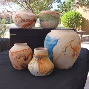 Vintage Nemadji Pottery Swirl Vase Set — 1 Large & 4 Small | USA Made